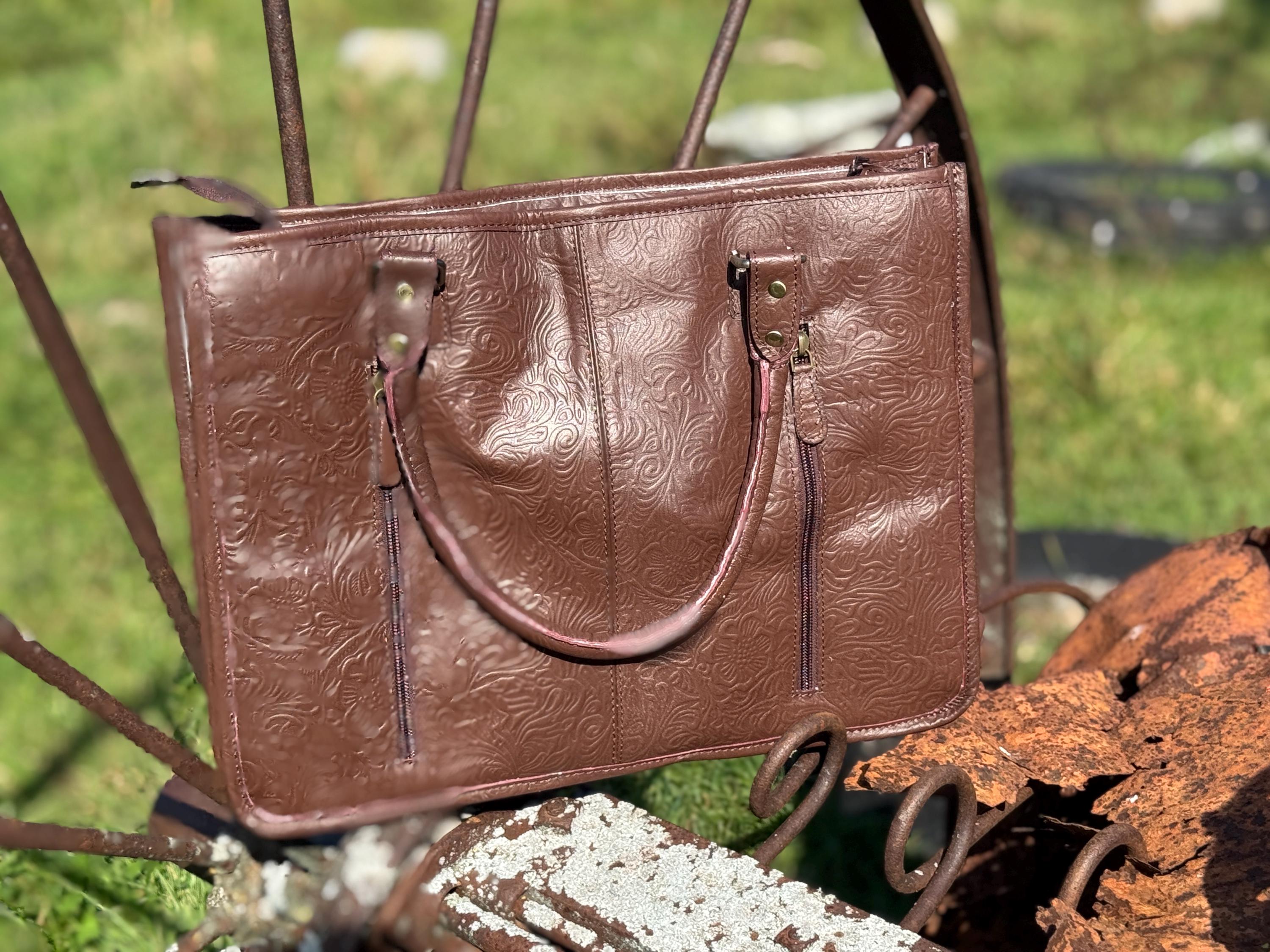 Genuine Western Leather Brown laptop messenger briefcase bag with tooled and embossed leather  by Double B Wild Rags