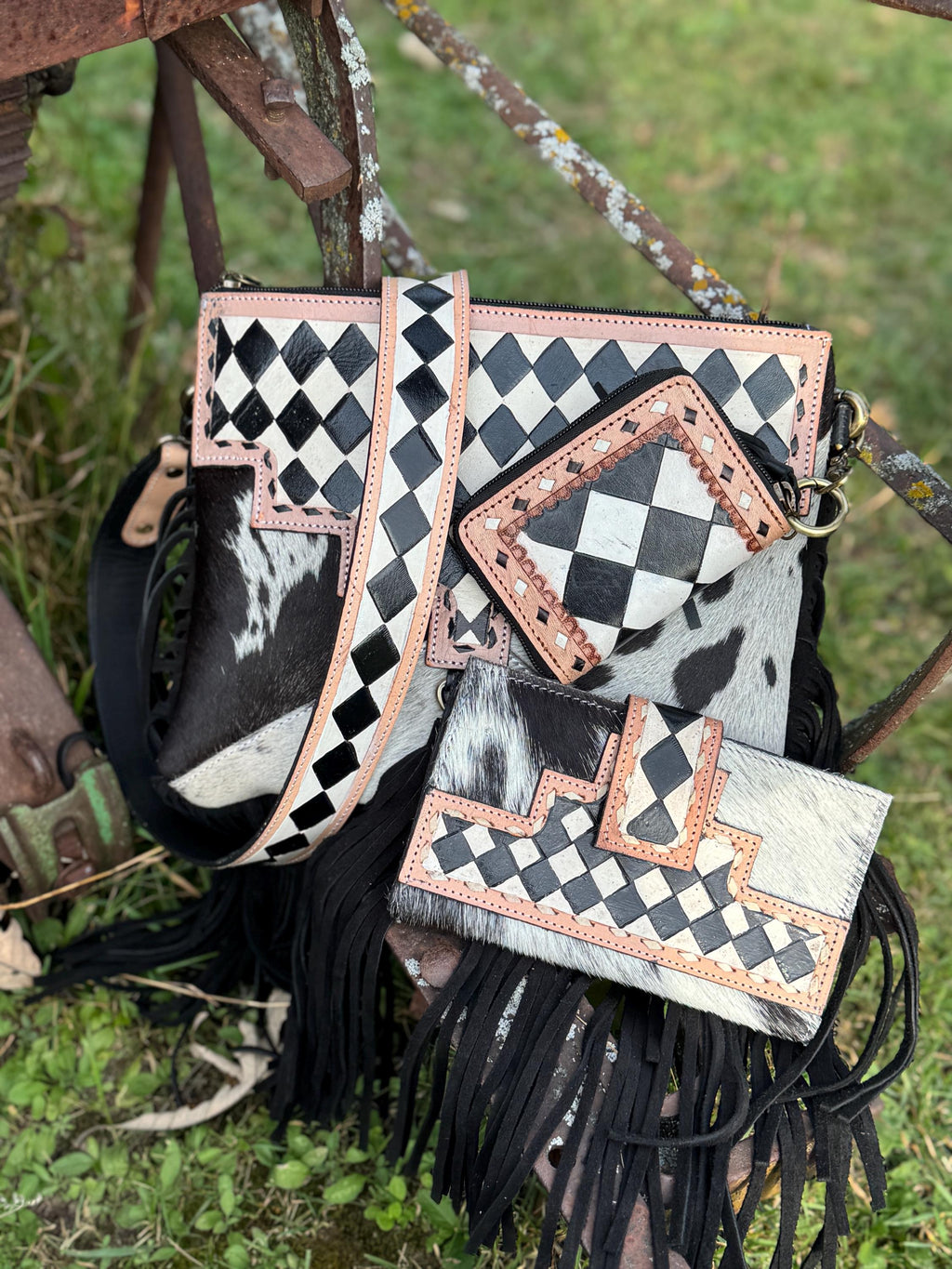 Checkered Black and White Genuine Western Leather Purse and Wallet Set by Double B Wild Rags