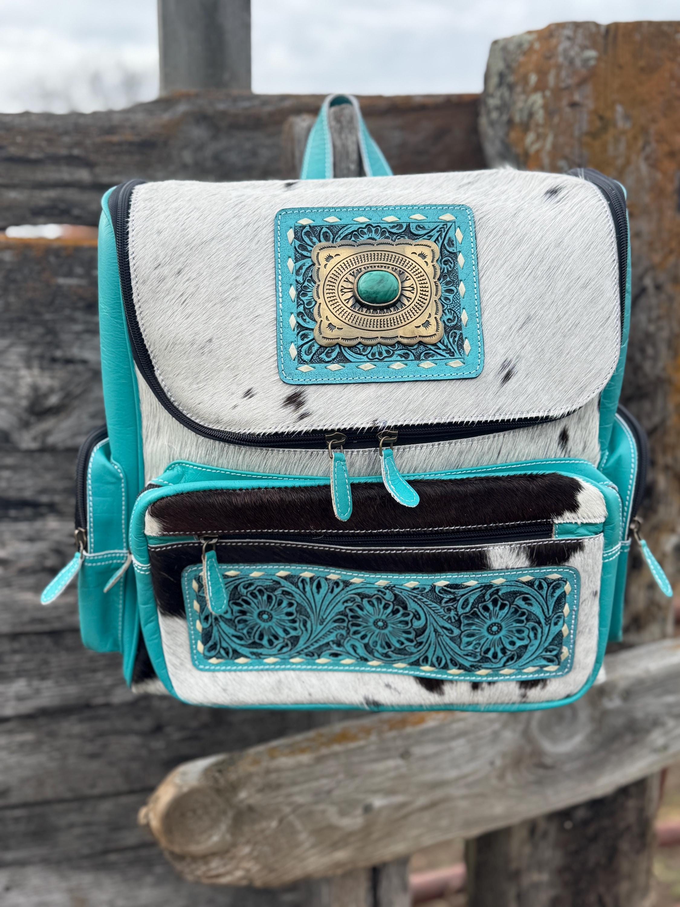 Pink or Turquoise Genuine Western Cowhide Leather Backpack Diaper Bag Personal Item carry-on luggage by Double B Wild Rags