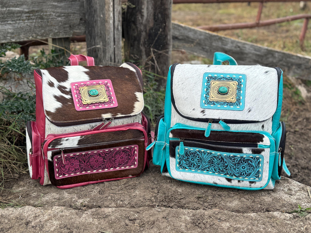 Pink or Turquoise Genuine Western Cowhide Leather Backpack Diaper Bag Personal Item carry-on luggage by Double B Wild Rags