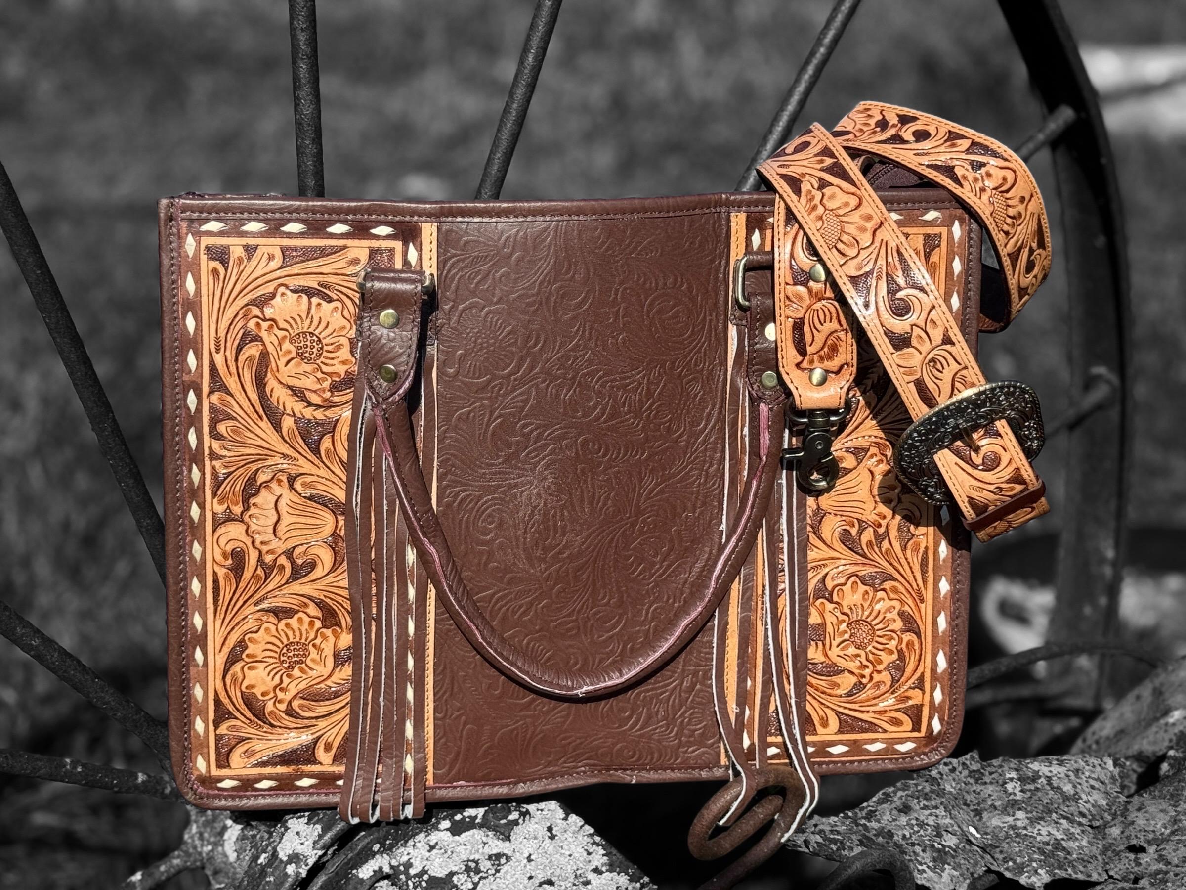Genuine Western Leather Brown laptop messenger briefcase bag with tooled and embossed leather  by Double B Wild Rags