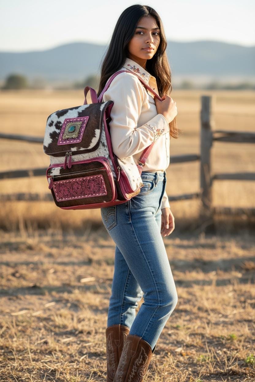 Pink or Turquoise Genuine Western Cowhide Leather Backpack Diaper Bag Personal Item carry-on luggage by Double B Wild Rags