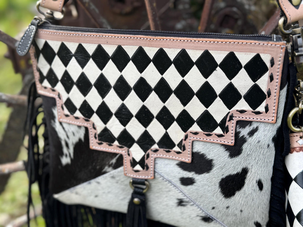 Checkered Black and White Genuine Western Leather Purse and Wallet Set by Double B Wild Rags