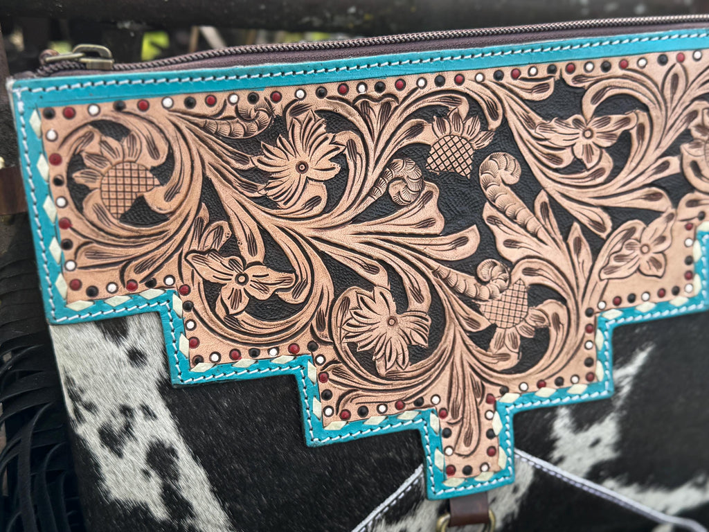 Black and Turquoise Genuine Western Cowhide Leather Purse with fringe by Double B Wild Rags