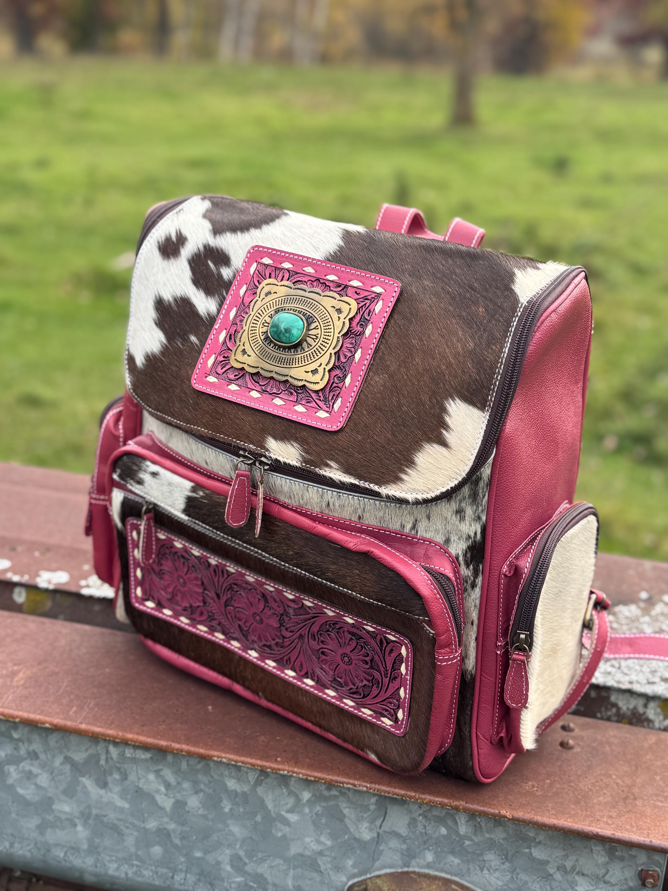 Pink or Turquoise Genuine Western Cowhide Leather Backpack Diaper Bag Personal Item carry-on luggage by Double B Wild Rags