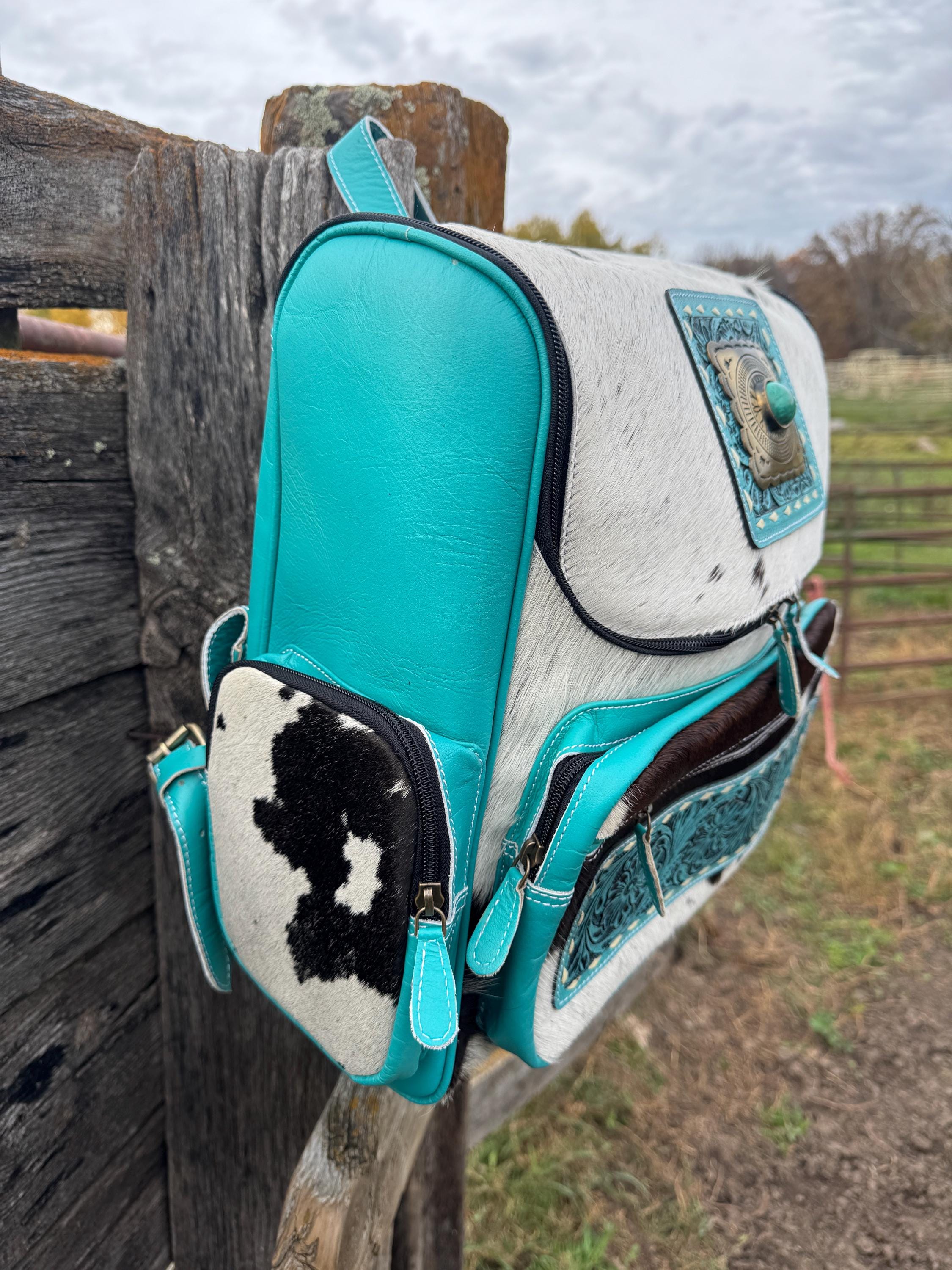 Pink or Turquoise Genuine Western Cowhide Leather Backpack Diaper Bag Personal Item carry-on luggage by Double B Wild Rags