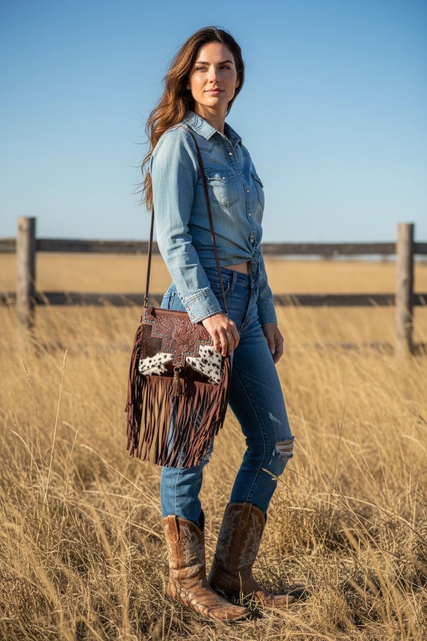 Western Leather Purse of Brown Spotted Cowhide with tooling and fringe