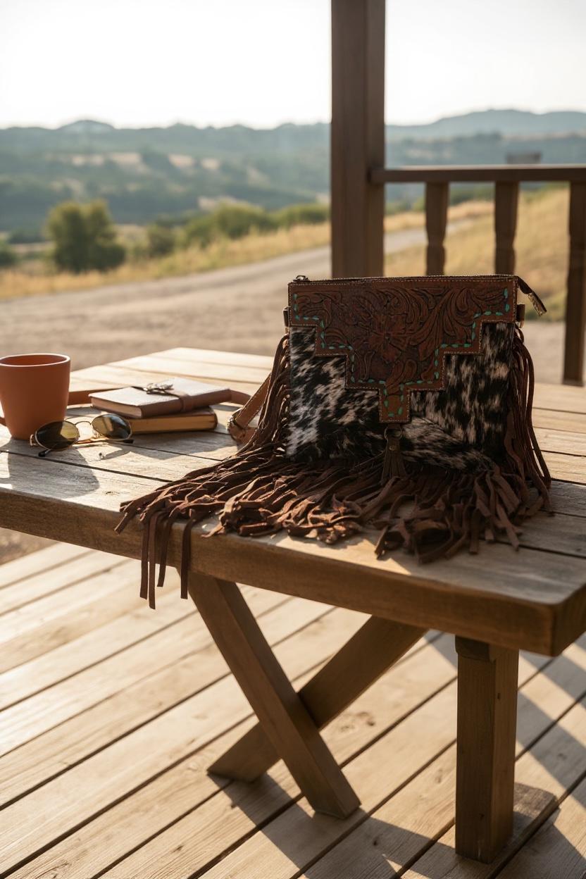 Western Leather Purse of Brown Spotted Cowhide with tooling and fringe