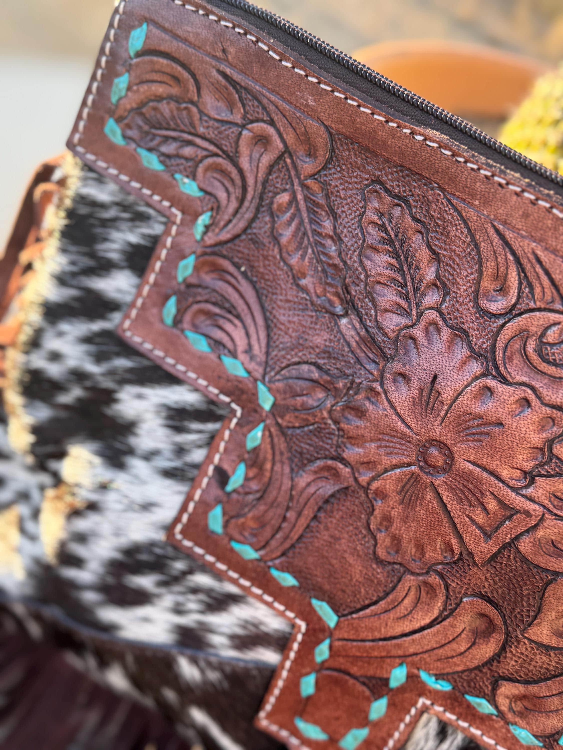 Western Leather Purse of Brown Spotted Cowhide with tooling and fringe