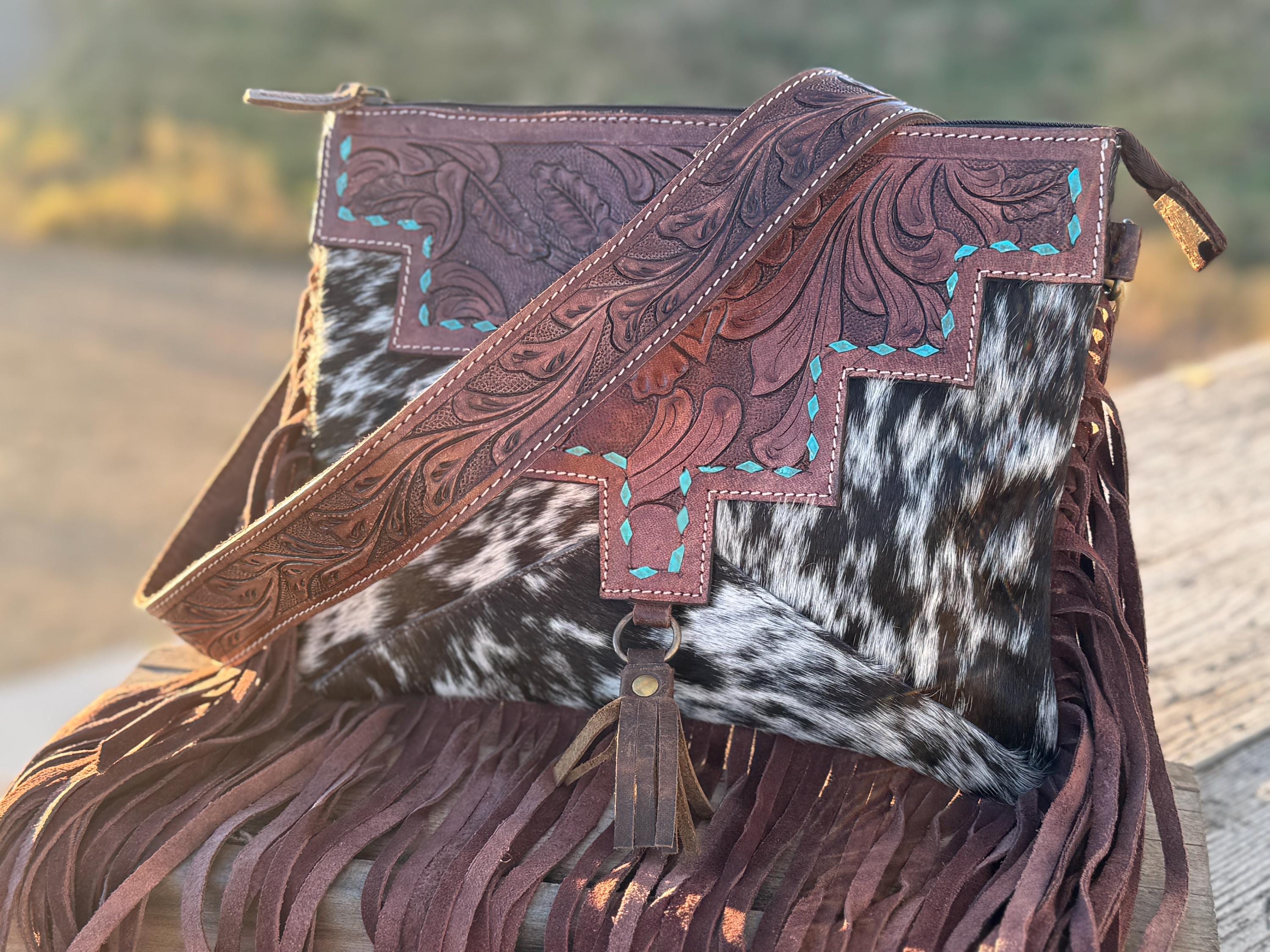 Western Leather Purse of Brown Spotted Cowhide with tooling and fringe