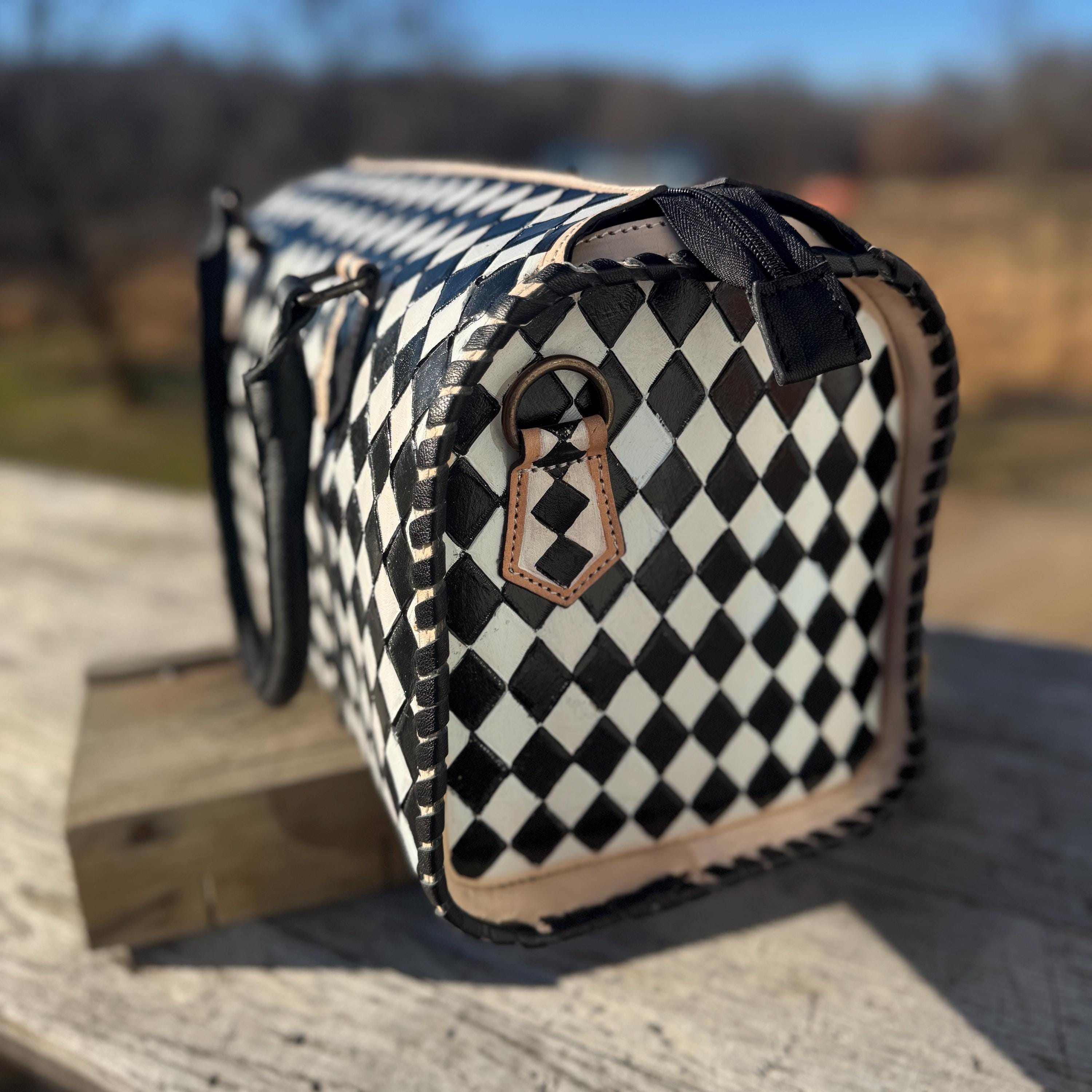 Black and White Speedy Checkered Genuine Western Cowhide Leather Purse