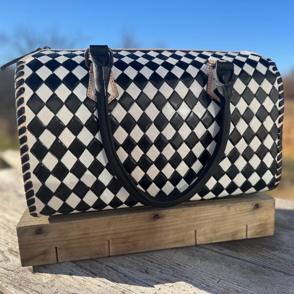 Black and White Speedy Checkered Genuine Western Cowhide Leather Purse