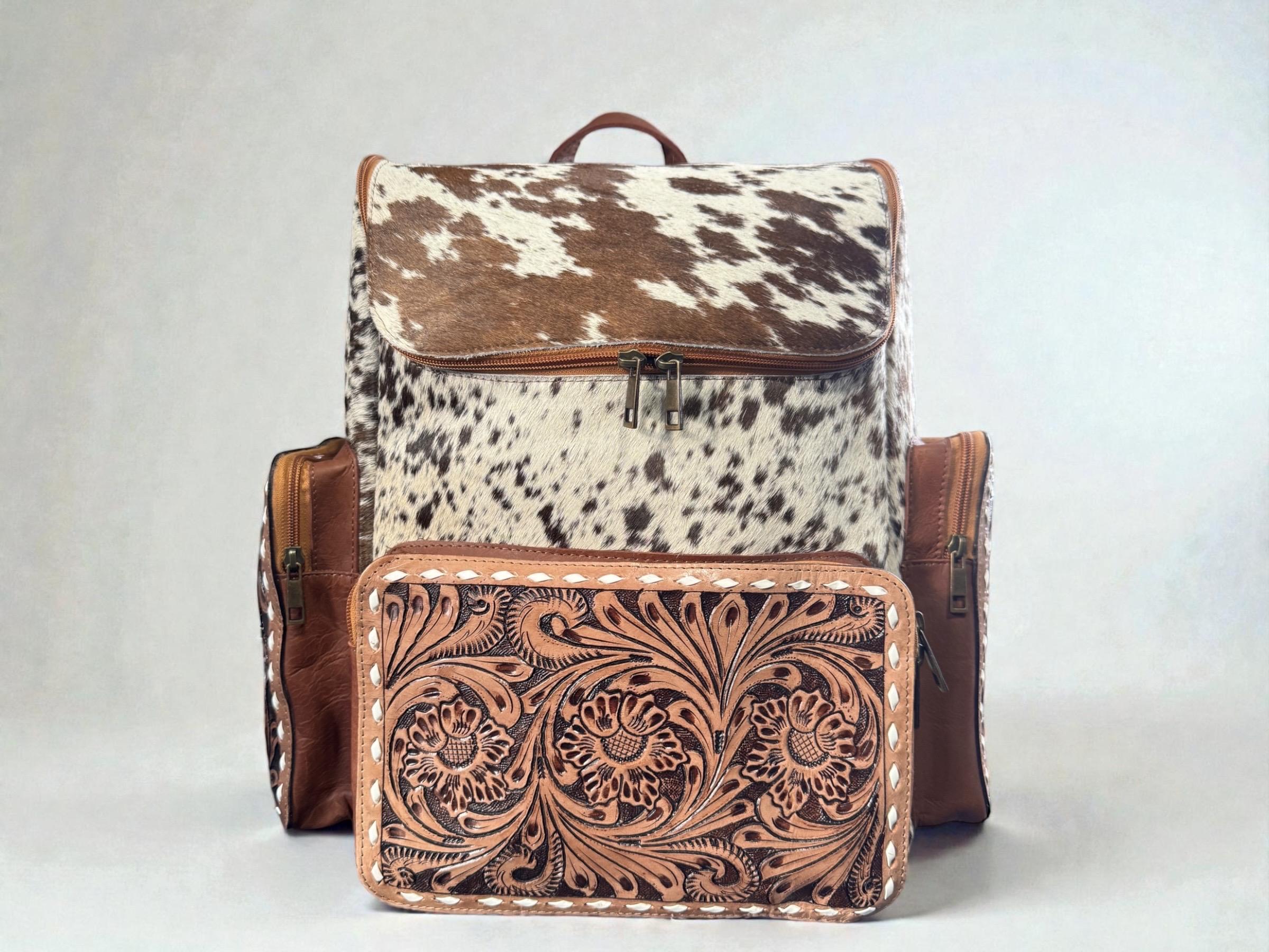 Genuine Western Cowhide Leather Backpack Diaper Bag Personal Item carry-on luggage by Double B Wild Rags