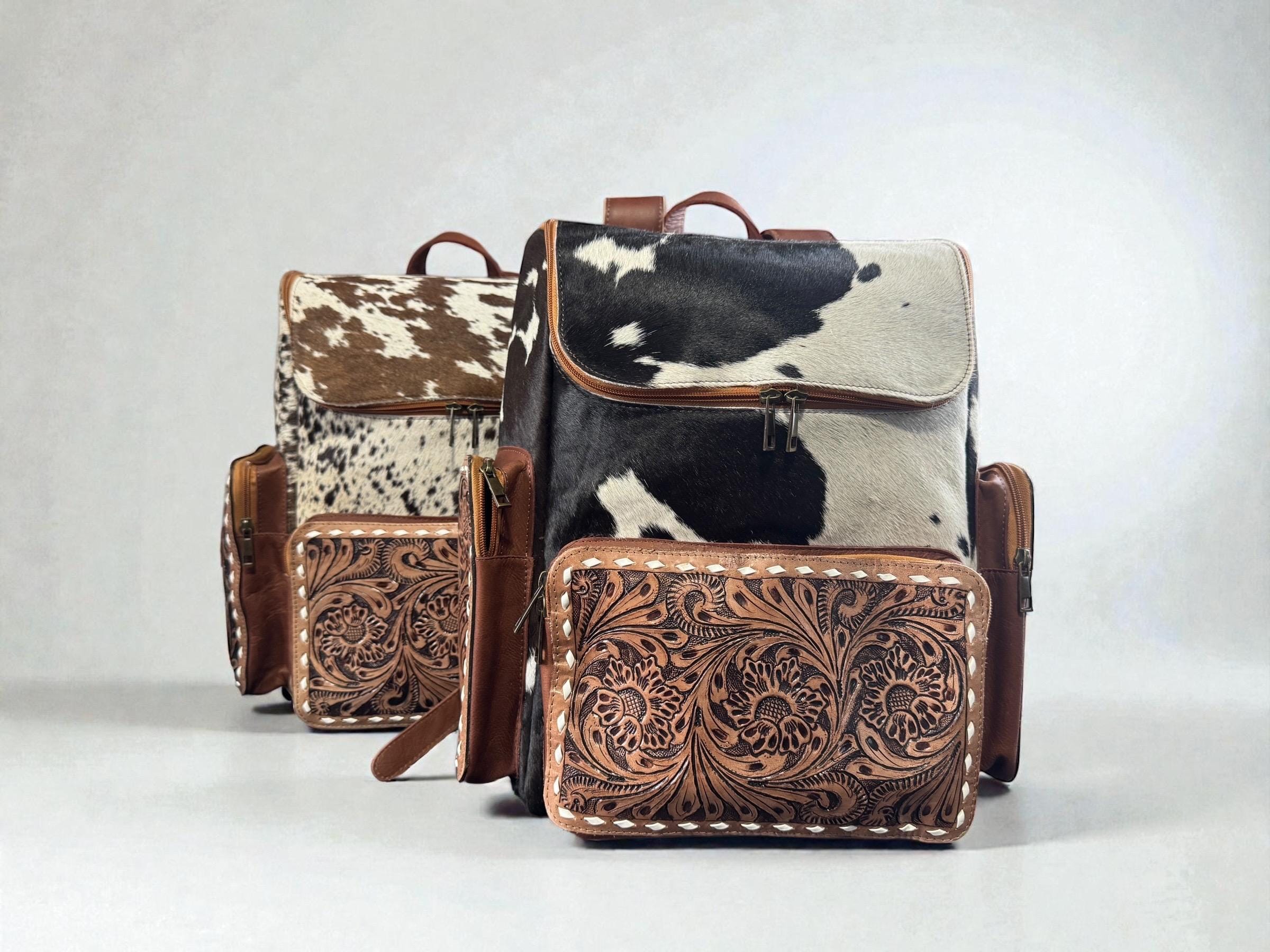 Genuine Western Cowhide Leather Backpack Diaper Bag Personal Item carry-on luggage by Double B Wild Rags