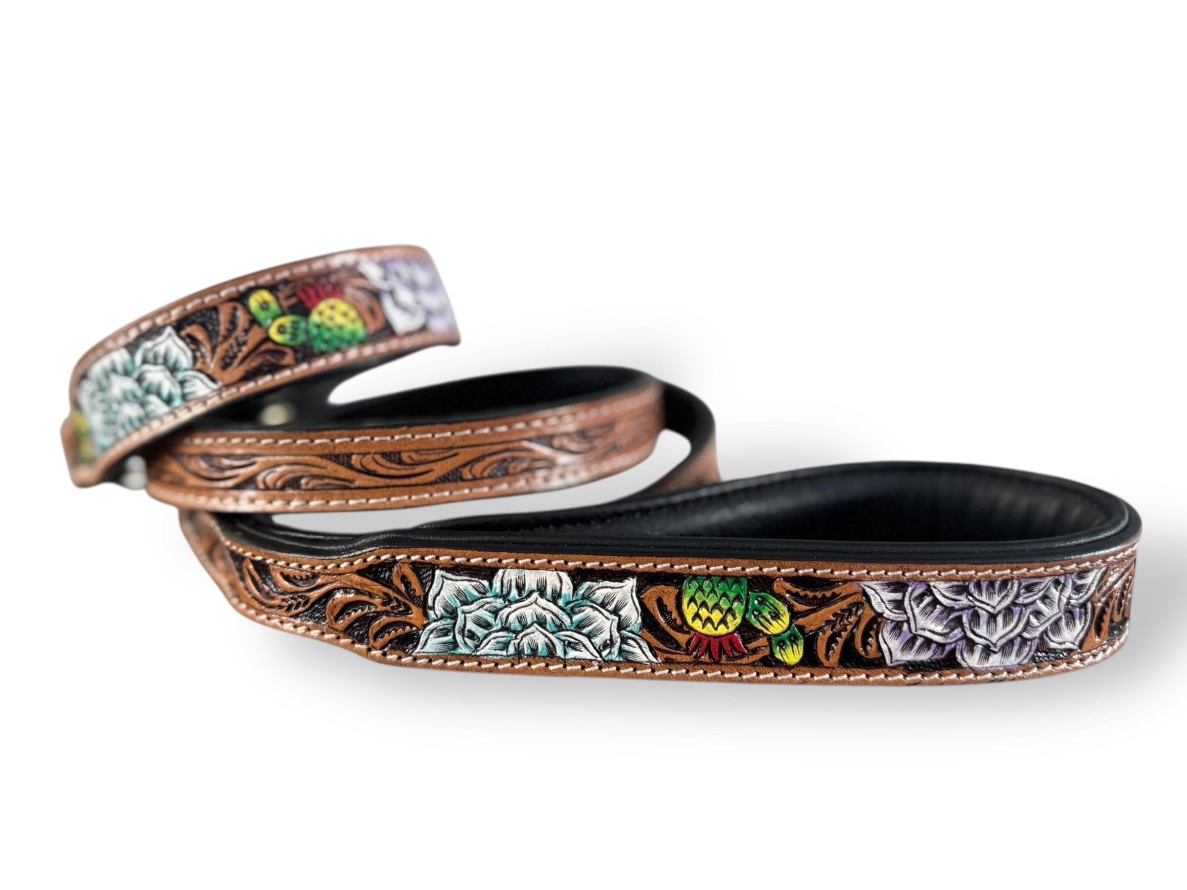 Western Genuine Leather dog collar tooled details aces cards sunflower feather rhinestone cactus floral by Double B Wild Rags