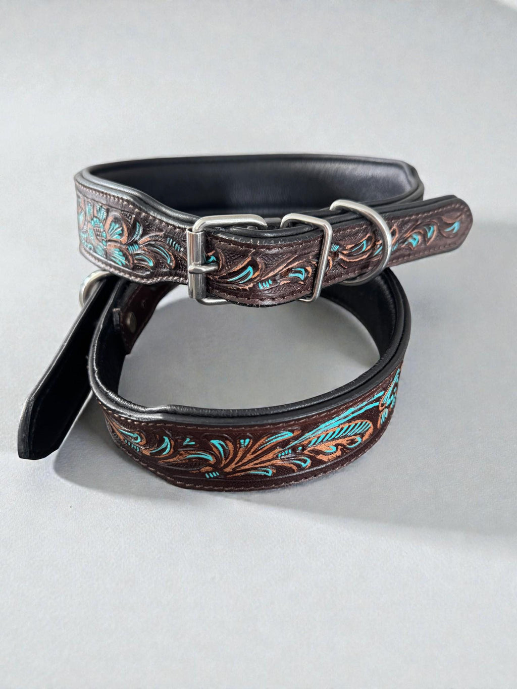 Western leather dog collar with Turquoise Floral details by Double B Wild Rags