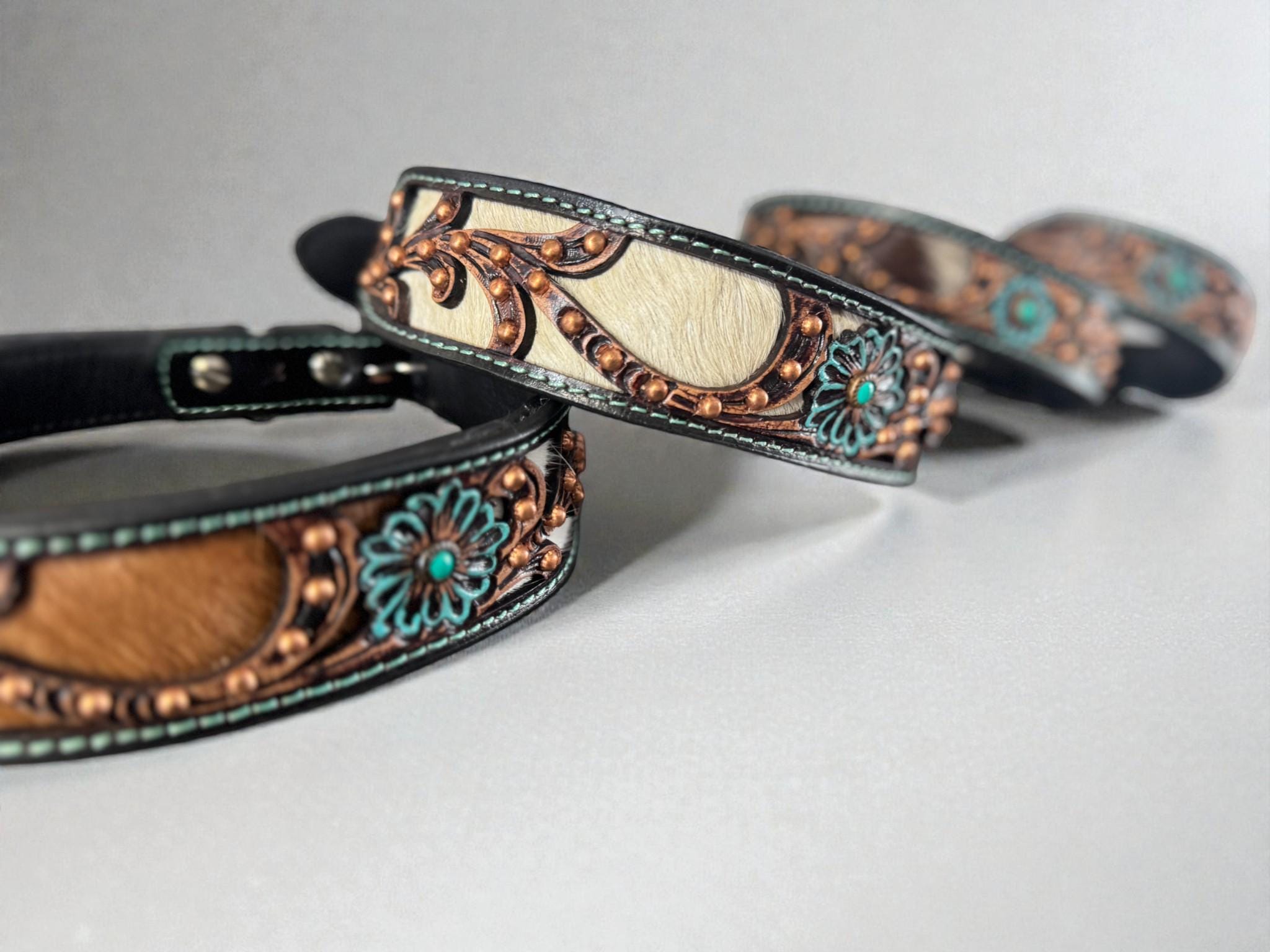 Western leather dog collar 3D inlay with Turquoise Floral details by Double B Wild Rags