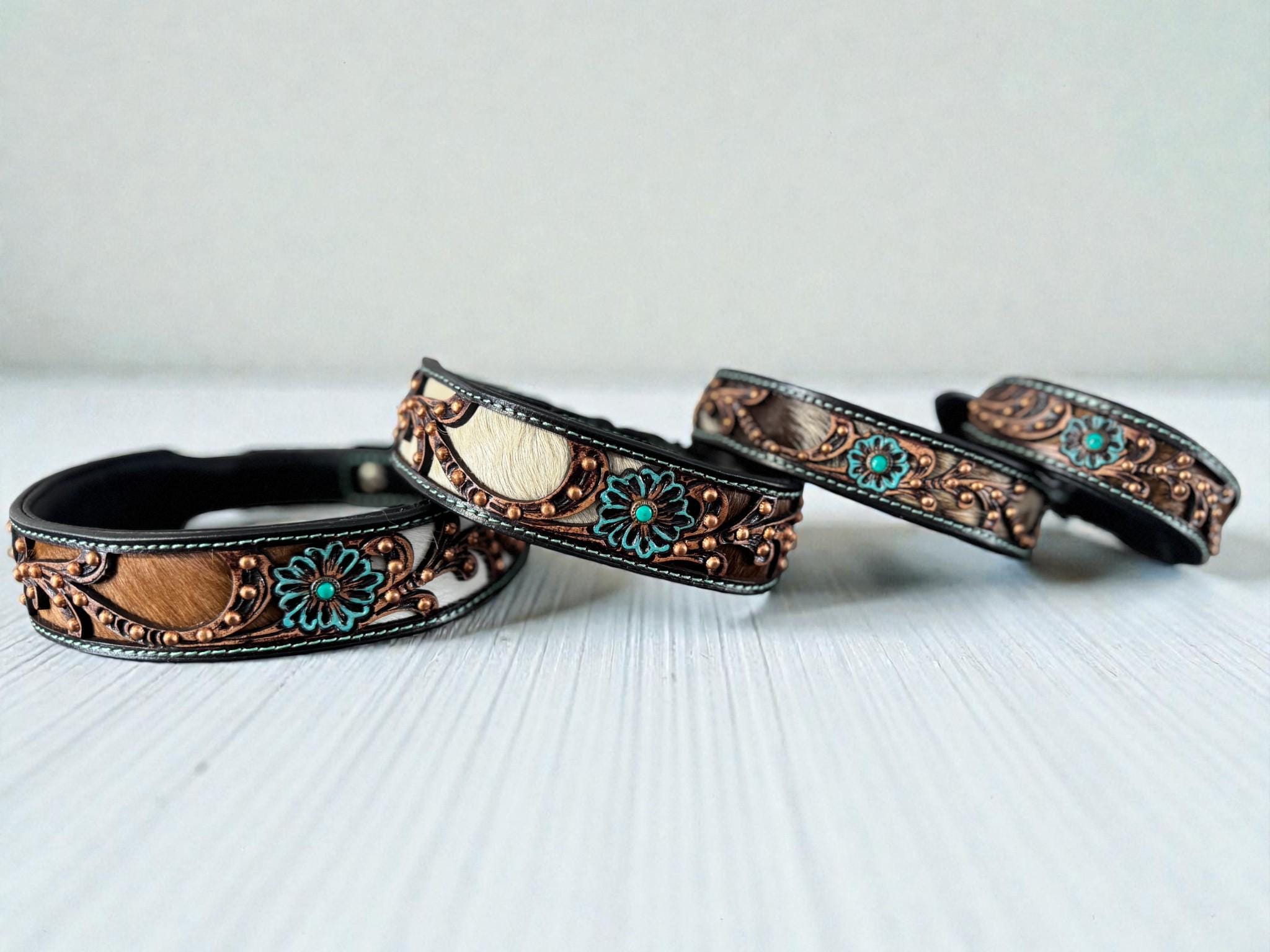 Western leather dog collar 3D inlay with Turquoise Floral details by Double B Wild Rags