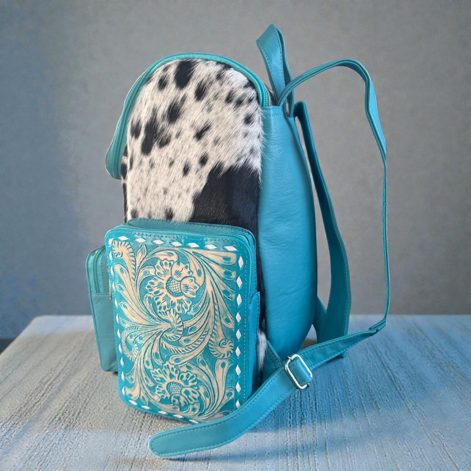 Turquoise Genuine Western Cowhide Leather Backpack Diaper Bag Personal Item carry-on luggage by Double B Wild Rags