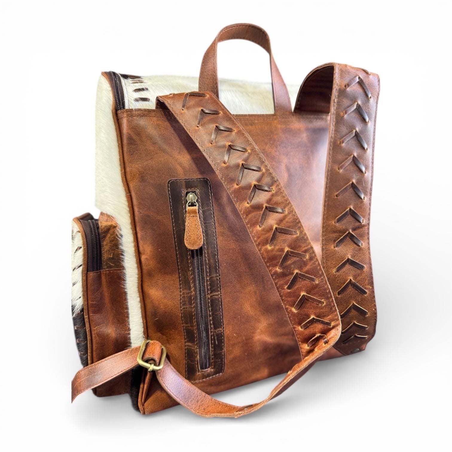 Genuine Western Cowhide Leather Backpack Diaper Bag Personal Item carry-on luggage by Double B Wild Rags