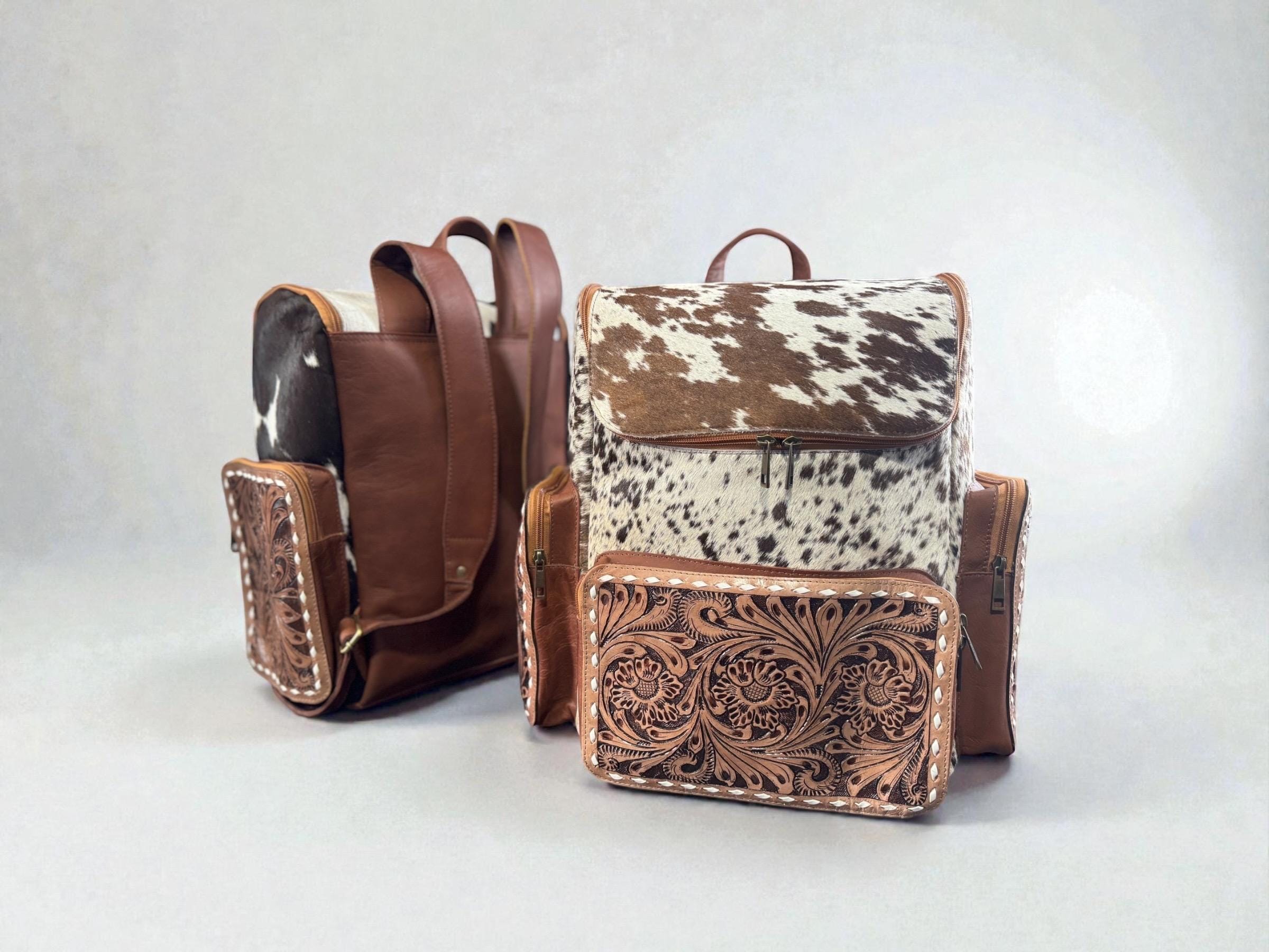 Genuine Western Cowhide Leather Backpack Diaper Bag Personal Item carry-on luggage by Double B Wild Rags