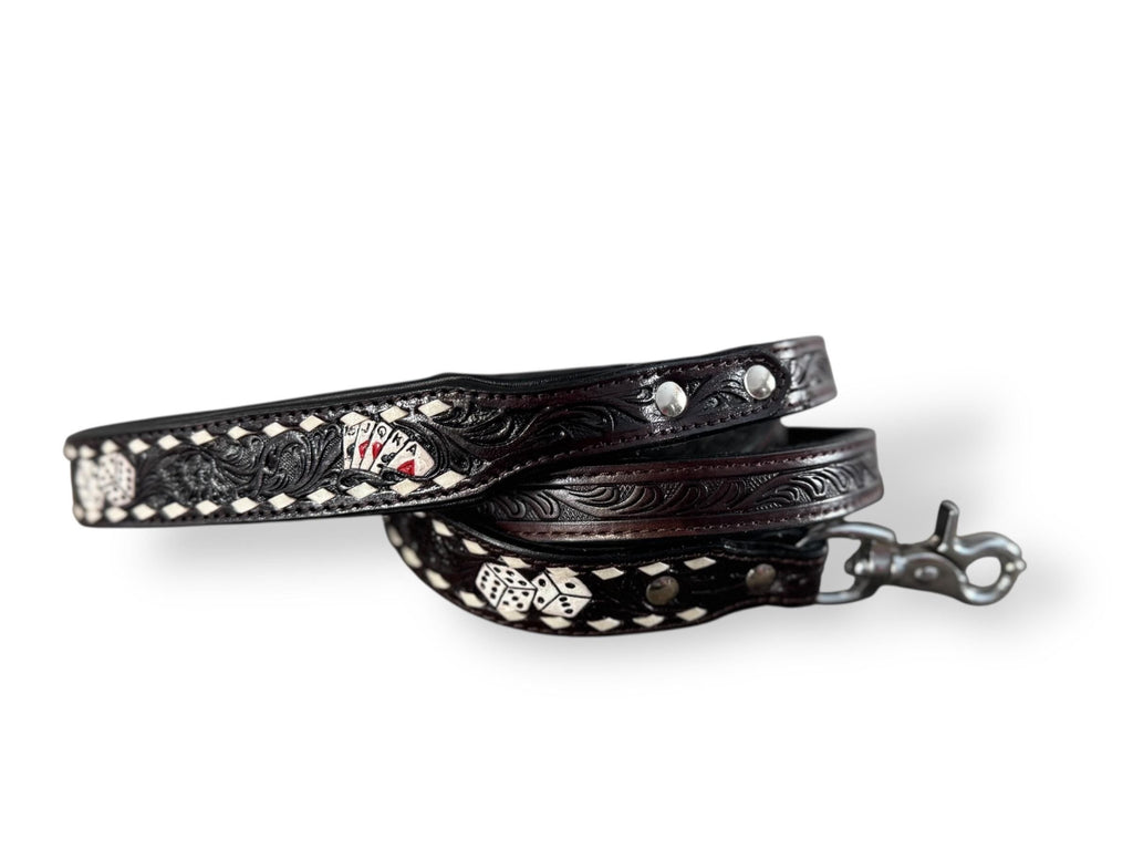 Western Genuine Leather dog collar tooled details aces cards sunflower feather rhinestone cactus floral by Double B Wild Rags