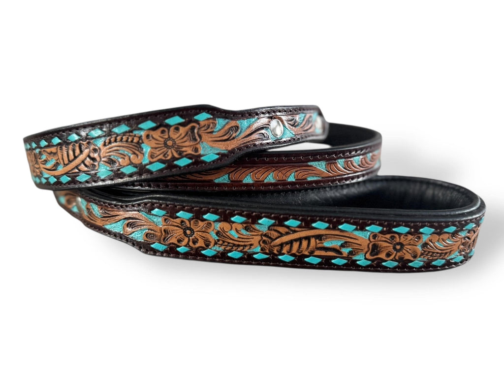 Western Genuine Leather dog collar tooled details aces cards sunflower feather rhinestone cactus floral by Double B Wild Rags