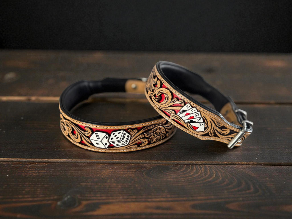 Handmade Western Leather Dog Collar: Cards & Dice Inlay