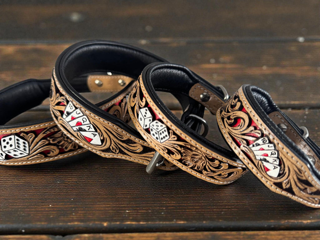 Handmade Western Leather Dog Collar: Cards & Dice Inlay
