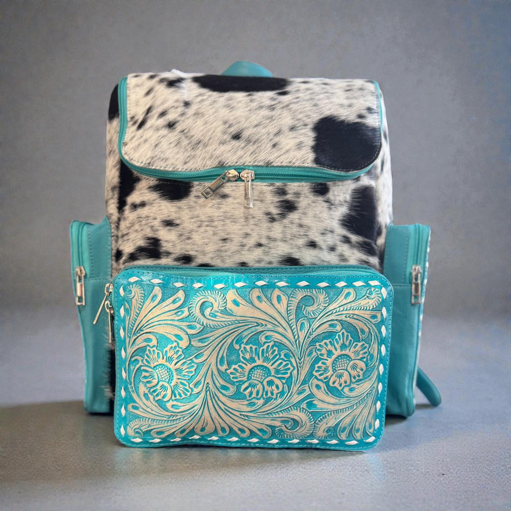 Turquoise Genuine Western Cowhide Leather Backpack Diaper Bag Personal Item carry-on luggage by Double B Wild Rags