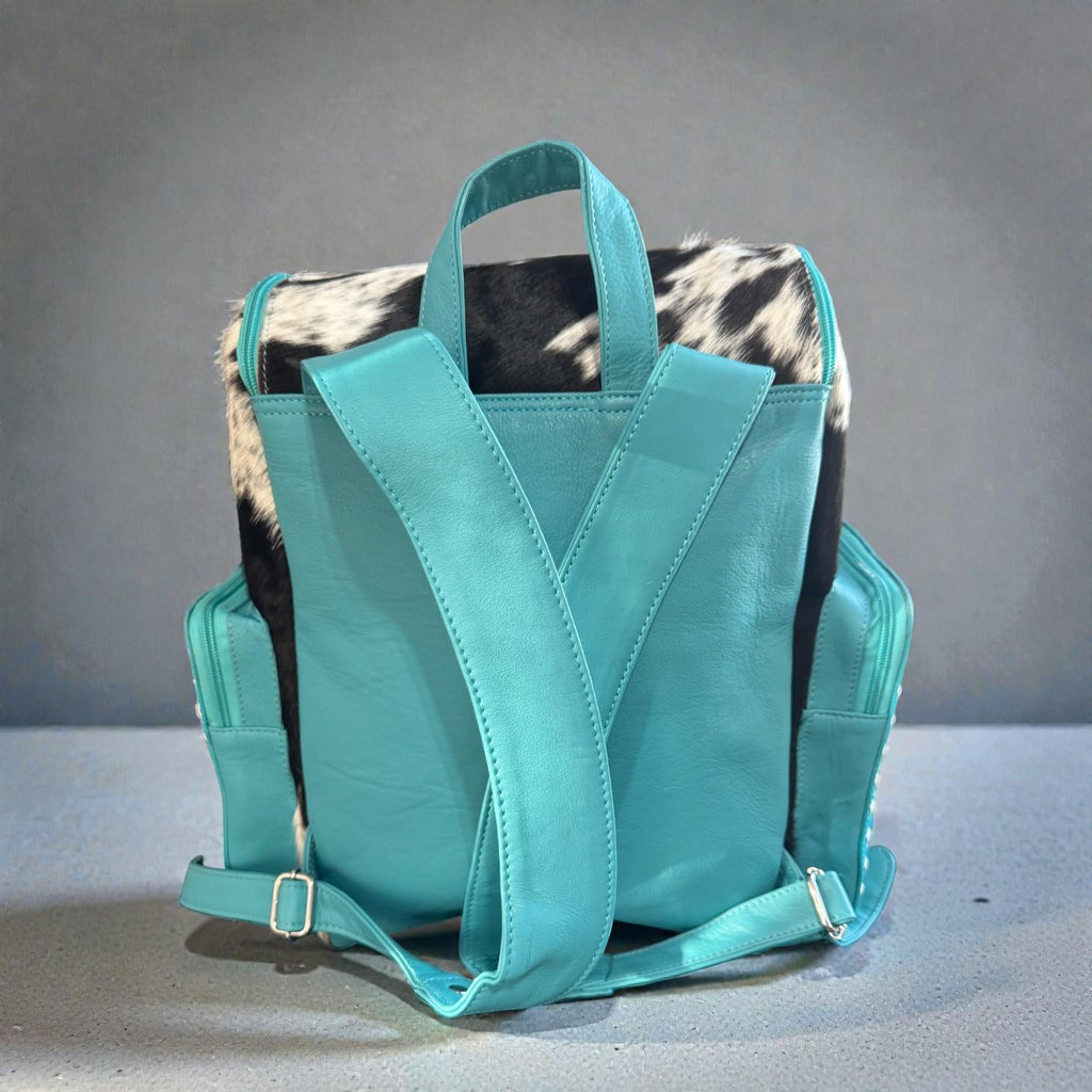 Turquoise Genuine Western Cowhide Leather Backpack Diaper Bag Personal Item carry-on luggage by Double B Wild Rags