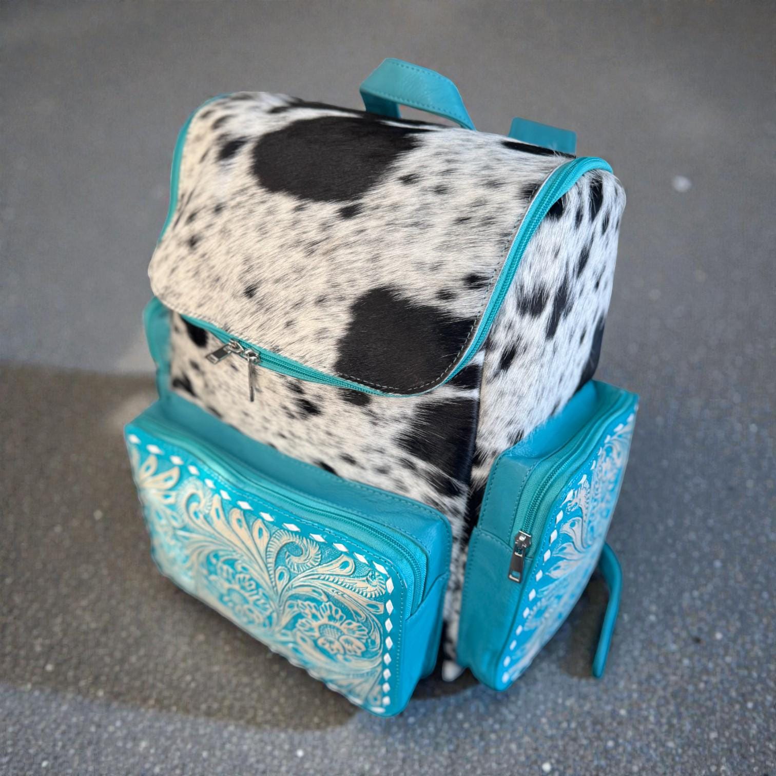 Turquoise Genuine Western Cowhide Leather Backpack Diaper Bag Personal Item carry-on luggage by Double B Wild Rags