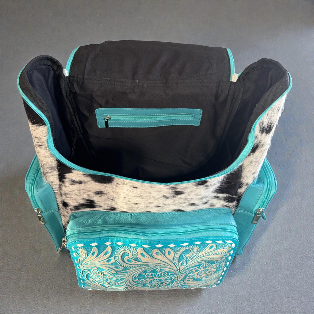 Turquoise Genuine Western Cowhide Leather Backpack Diaper Bag Personal Item carry-on luggage by Double B Wild Rags