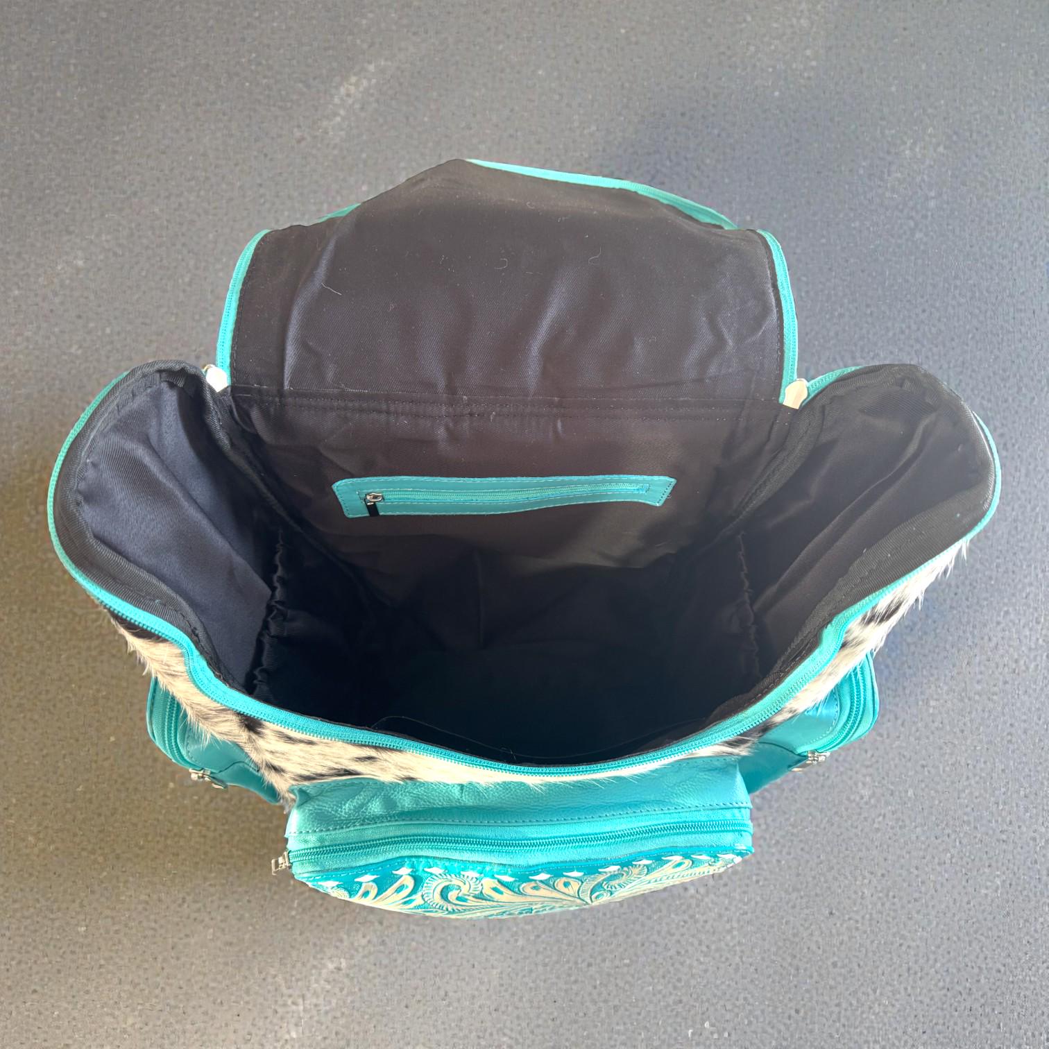 Turquoise Genuine Western Cowhide Leather Backpack Diaper Bag Personal Item carry-on luggage by Double B Wild Rags