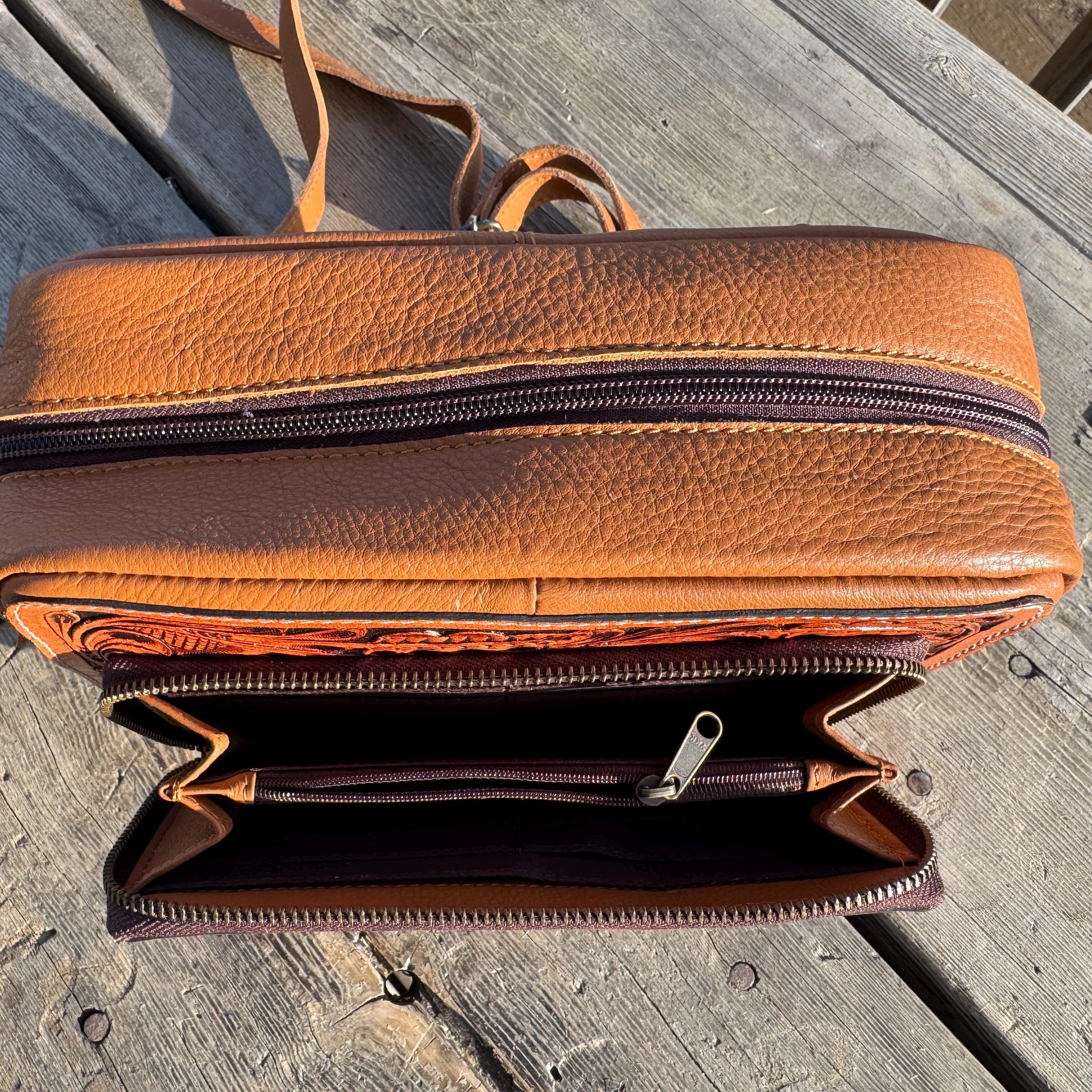 Black and Brown Genuine Western Cowhide Leather Purse with tooling and fringe