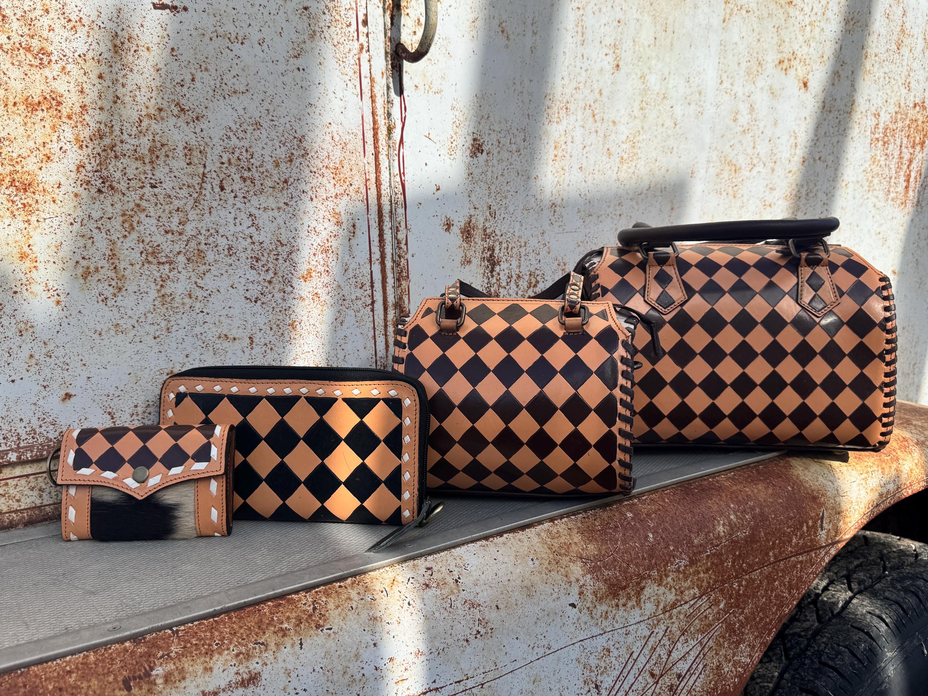 Caramel Espresso Checkered Speedy Western Genuine Leather Purse with optional wallet