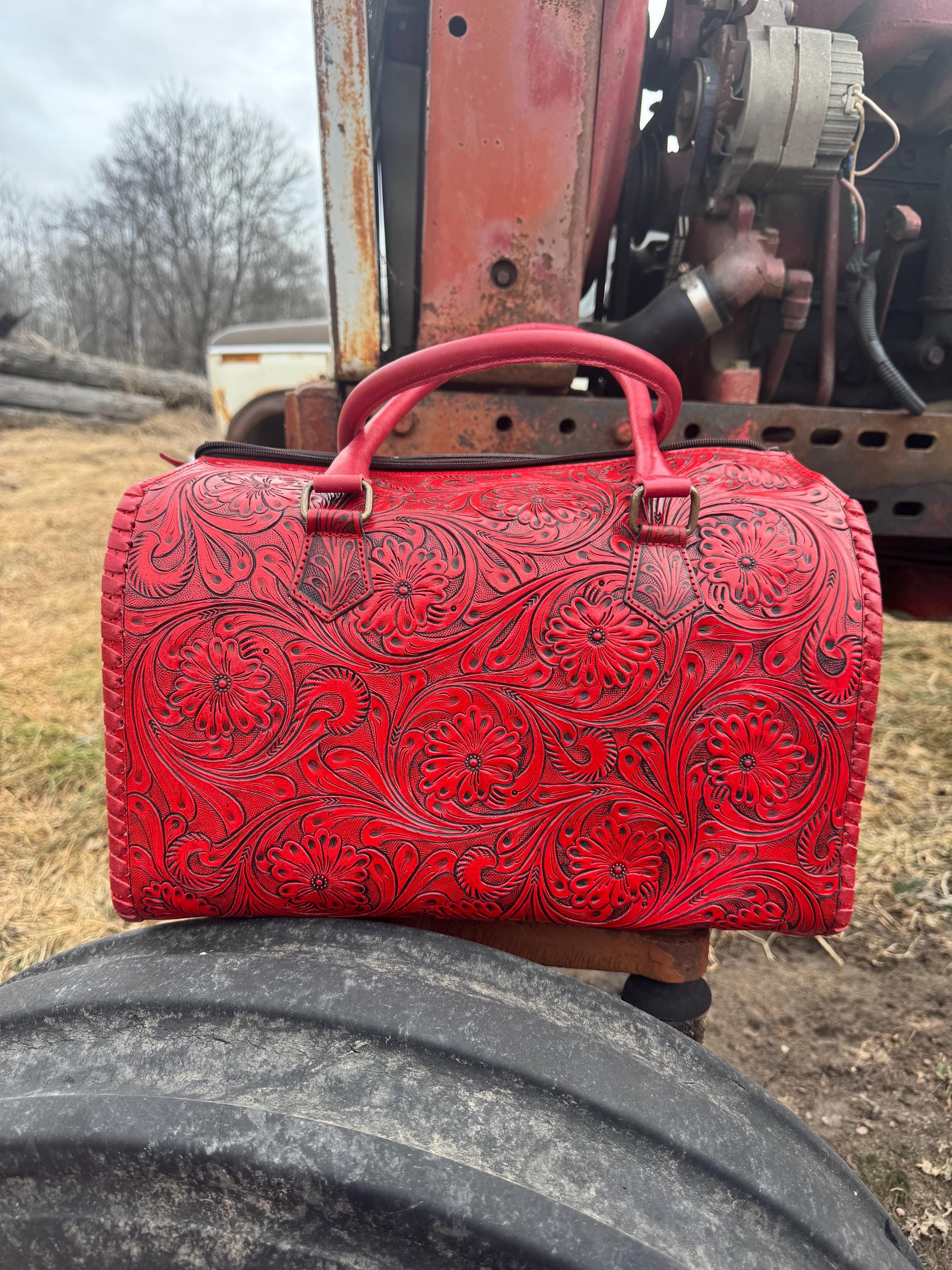 Deep Cherry Red Speedy Western Genuine Leather Barrel Bag Purse or Briefcase