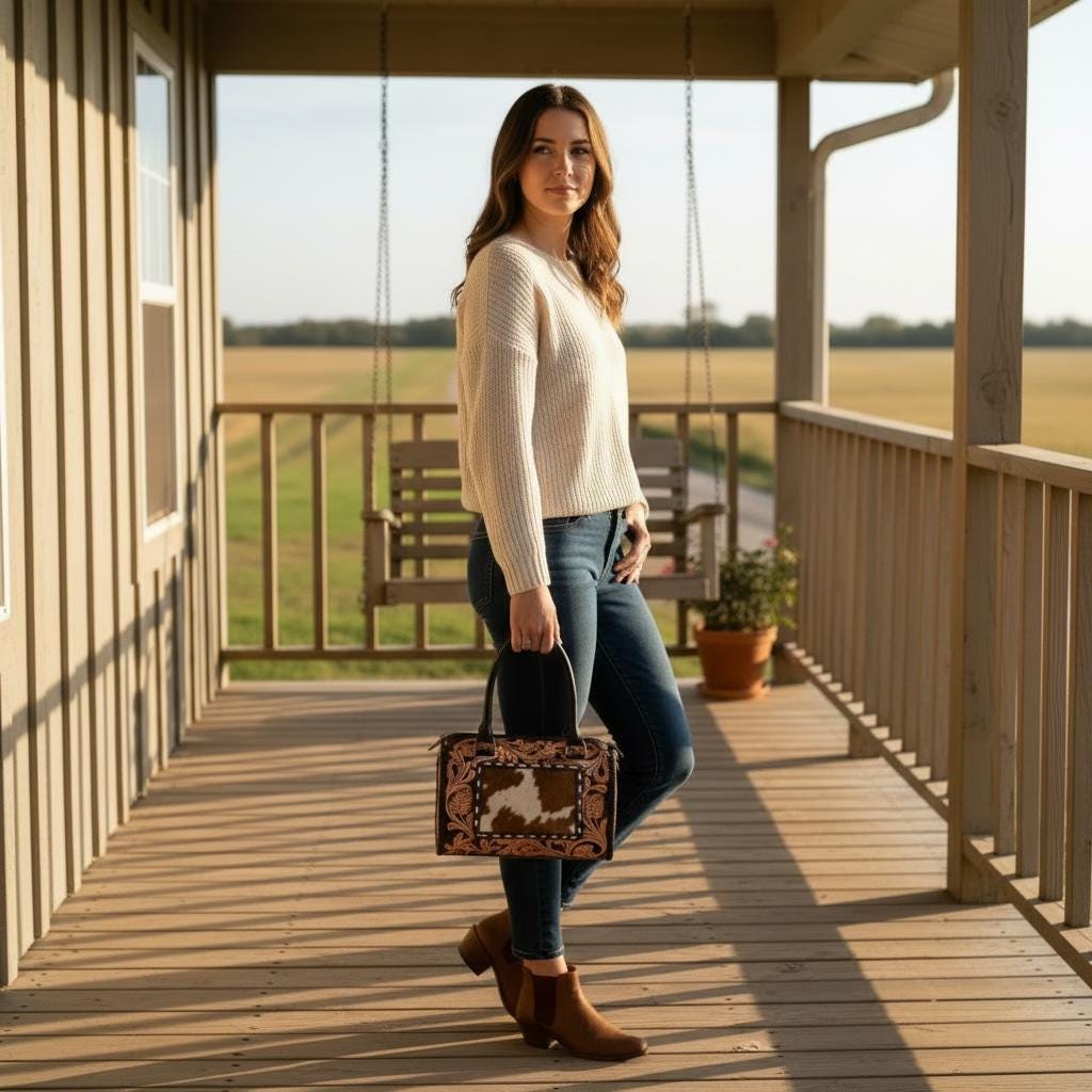 Genuine Western Leather Speedy Barrel Bag with Cowhide and Tooled details by Double B Wild Rags