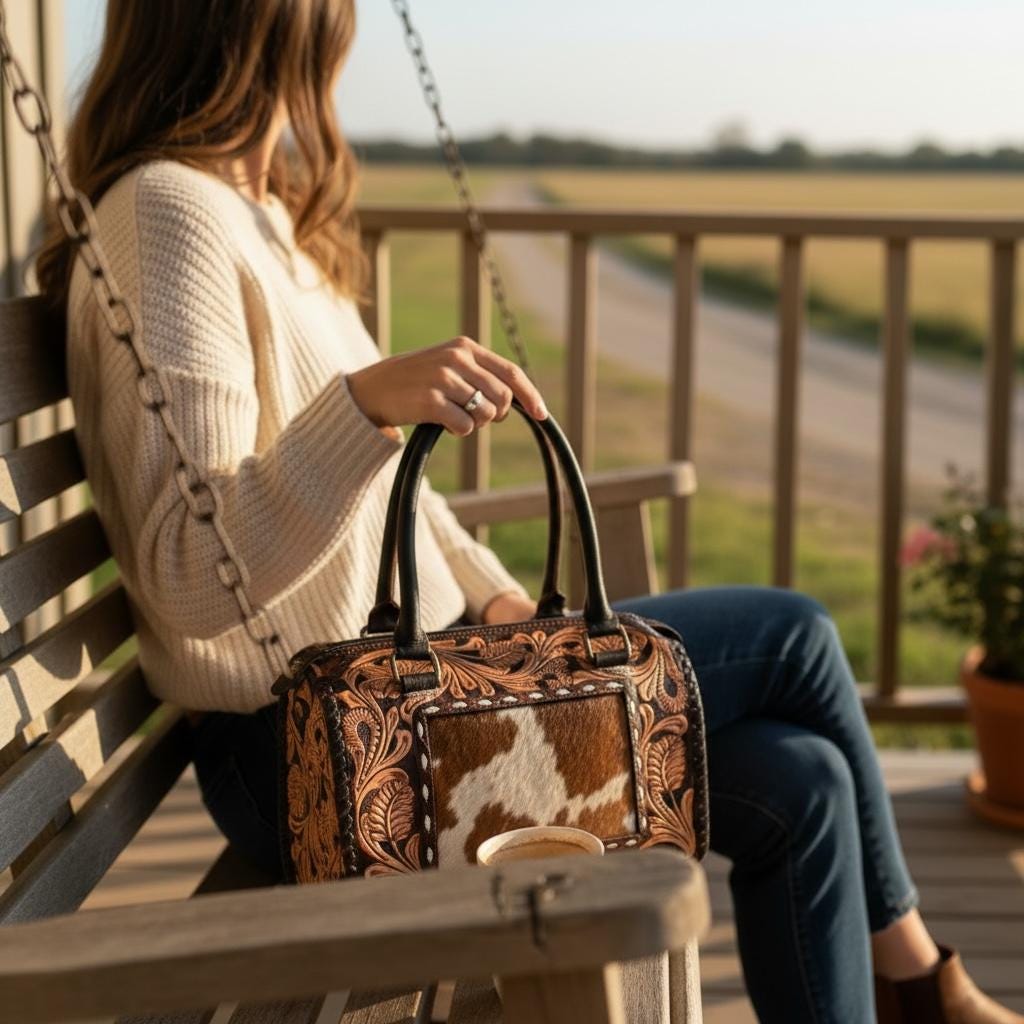 Genuine Western Leather Speedy Barrel Bag with Cowhide and Tooled details by Double B Wild Rags