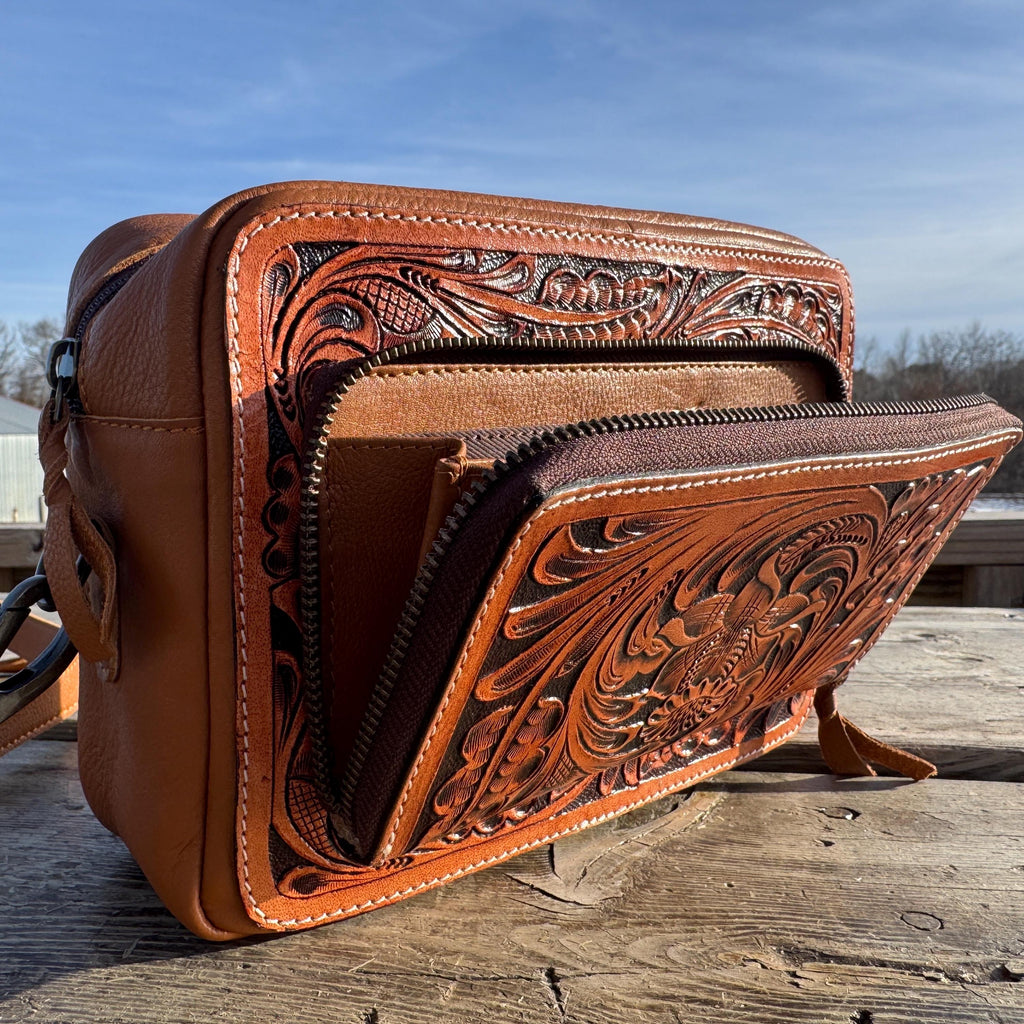 Black and Brown Genuine Western Cowhide Leather Purse with tooling and fringe
