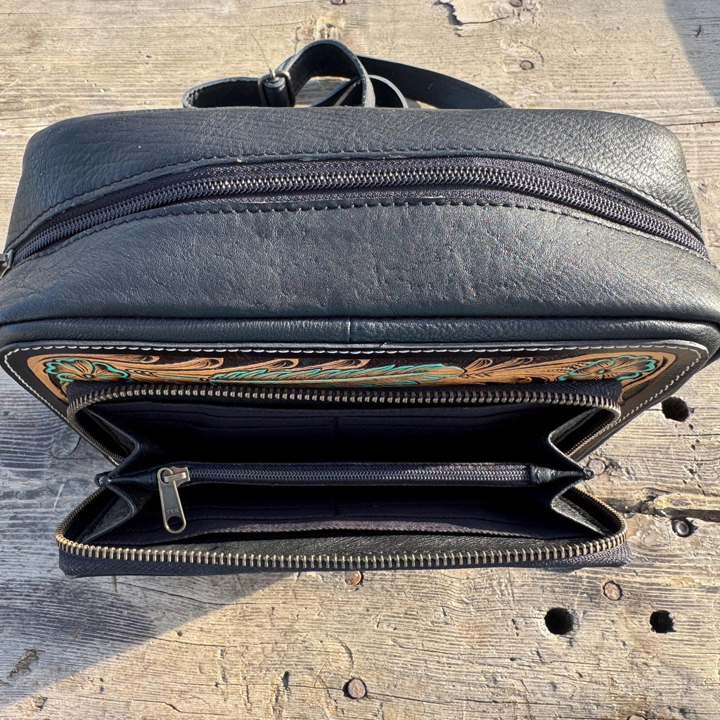Black and Turquoise Saddle Ridge Tooled Leather Western Crossbody Bag by Double B Wild Rags