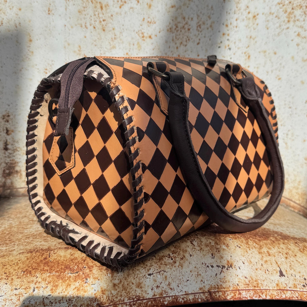 Caramel Espresso Checkered Speedy Western Genuine Leather Purse with optional wallet