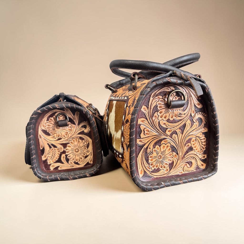 Genuine Western Leather Speedy Barrel Bag with Cowhide and Tooled details by Double B Wild Rags