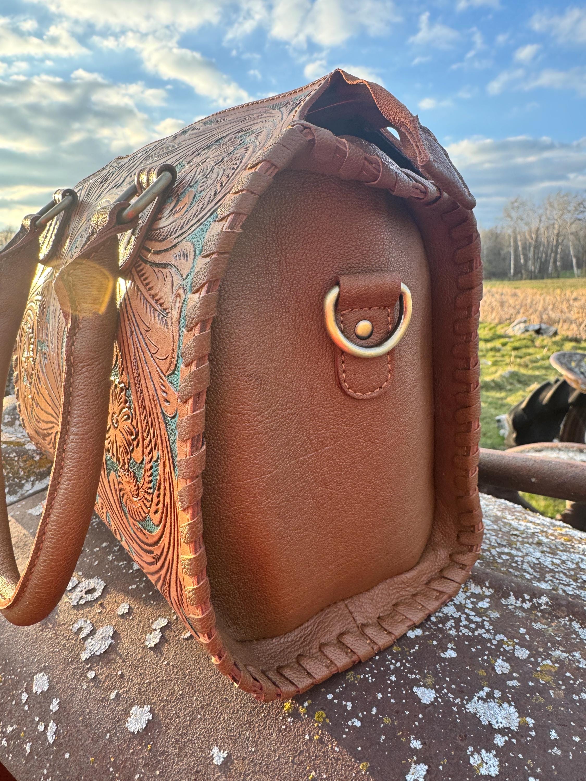 Turquoise and Tan Speedy Western Genuine Leather Barrel Bag Purse by Double B