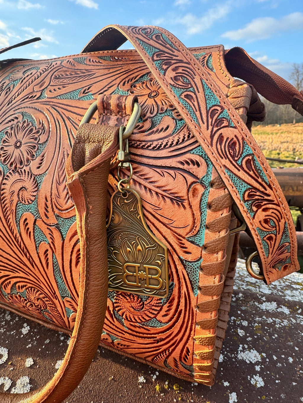 Turquoise and Tan Speedy Western Genuine Leather Barrel Bag Purse by Double B