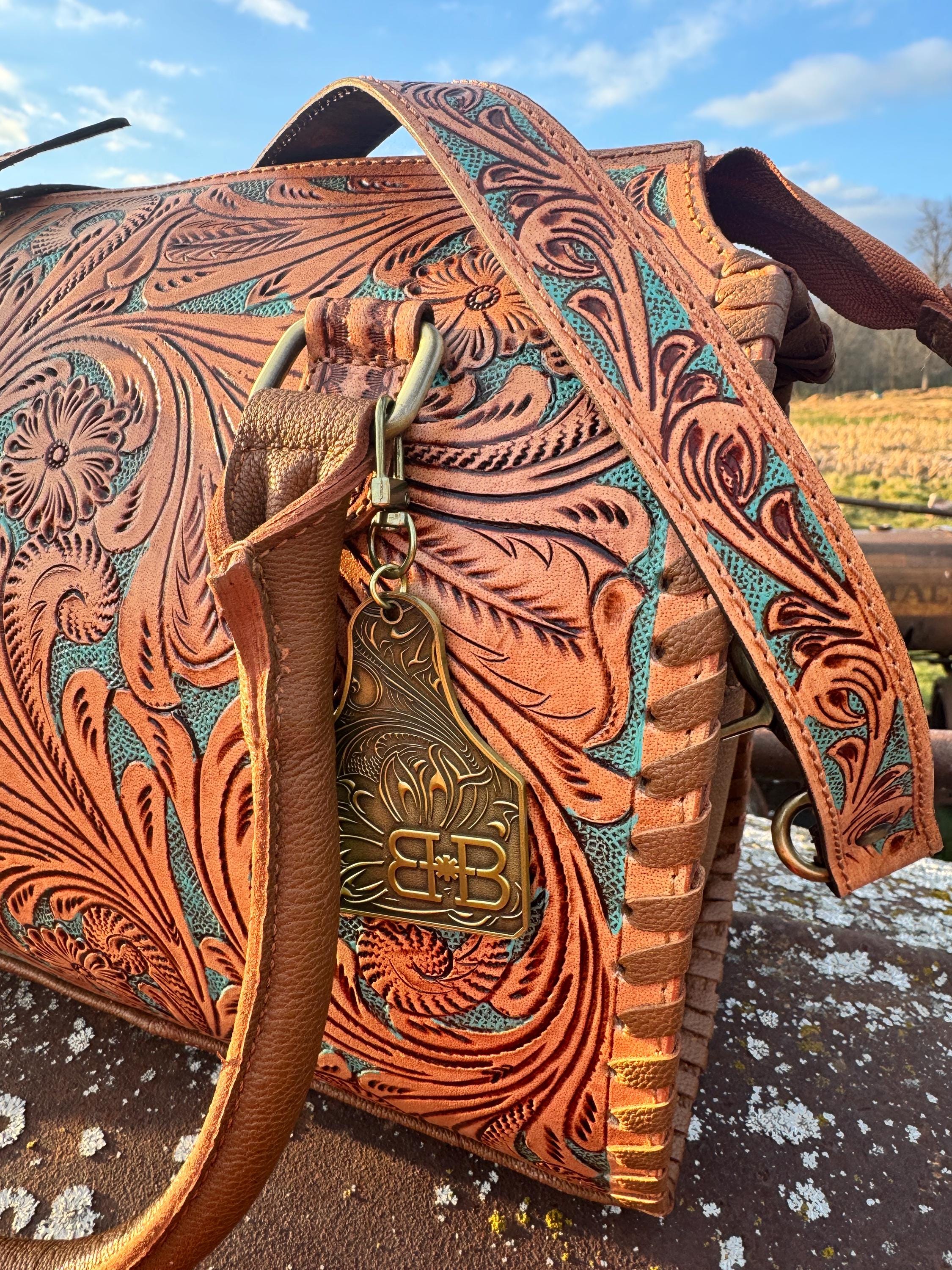 Turquoise and Tan Speedy Western Genuine Leather Barrel Bag Purse by Double B
