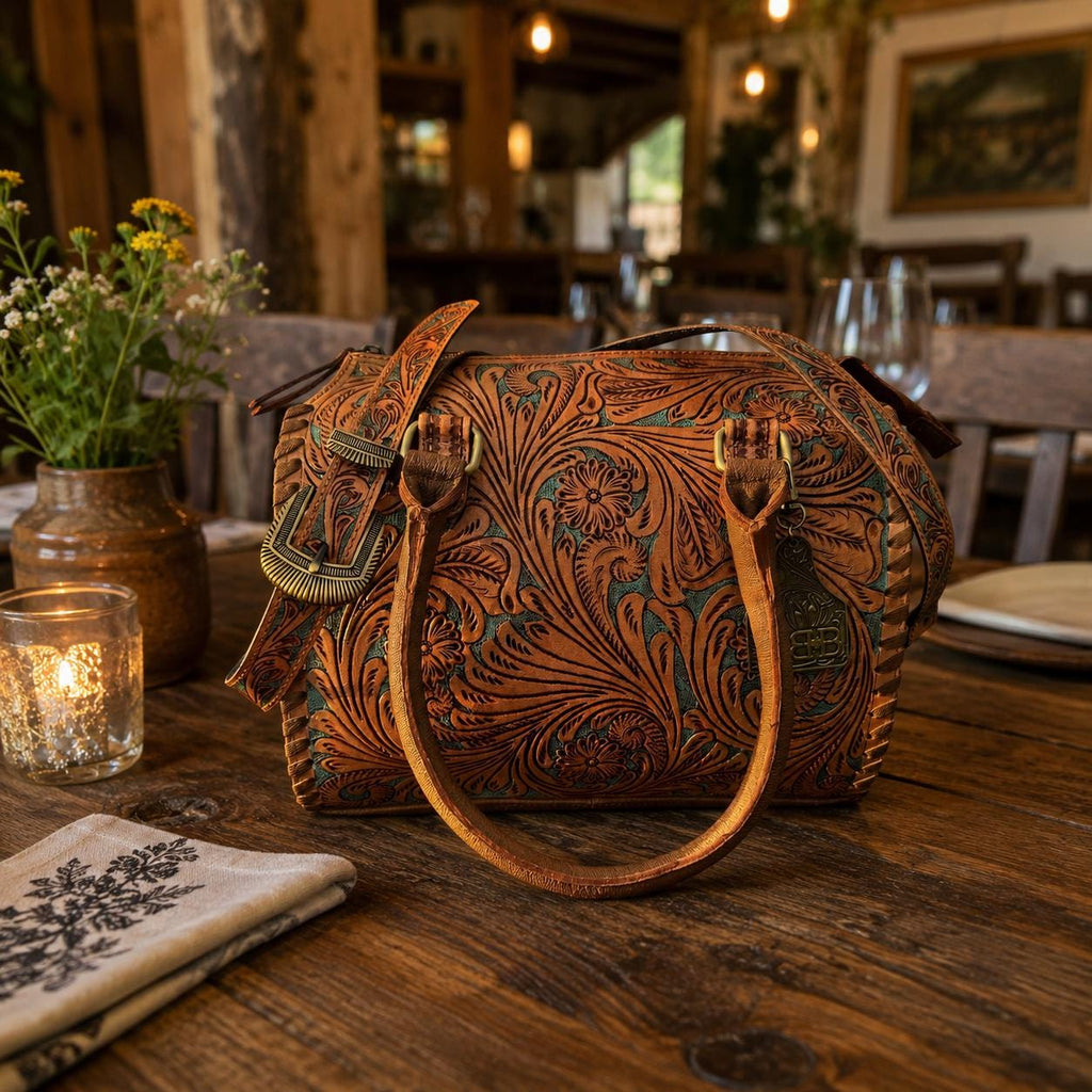 Turquoise and Tan Speedy Western Genuine Leather Barrel Bag Purse by Double B