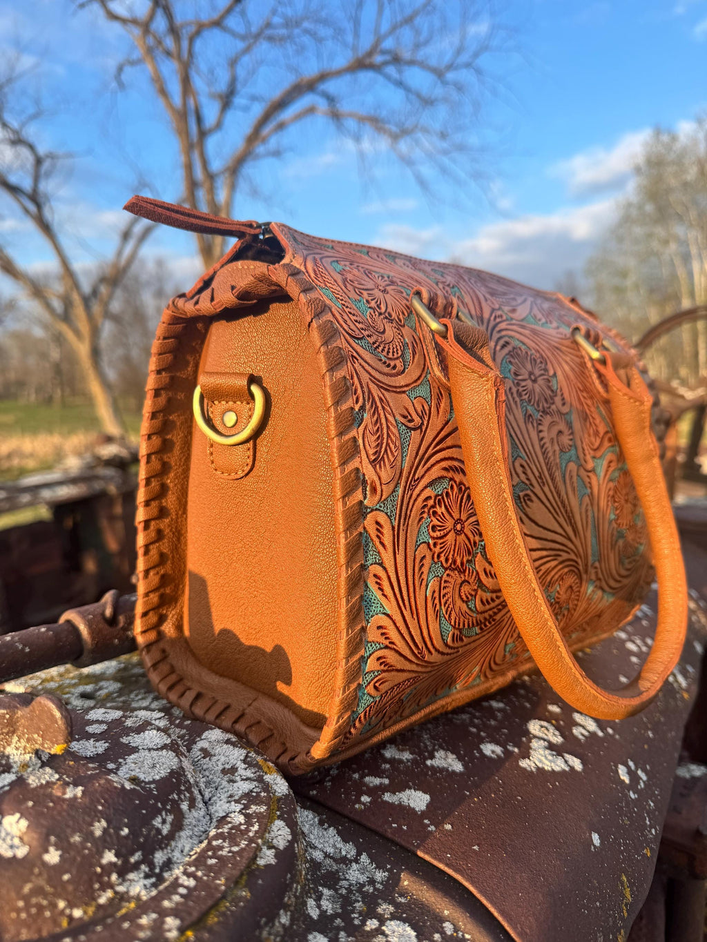 Turquoise and Tan Speedy Western Genuine Leather Barrel Bag Purse by Double B