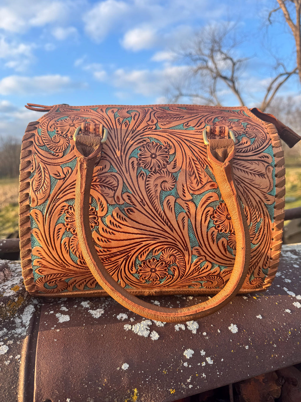 Turquoise and Tan Speedy Western Genuine Leather Barrel Bag Purse by Double B