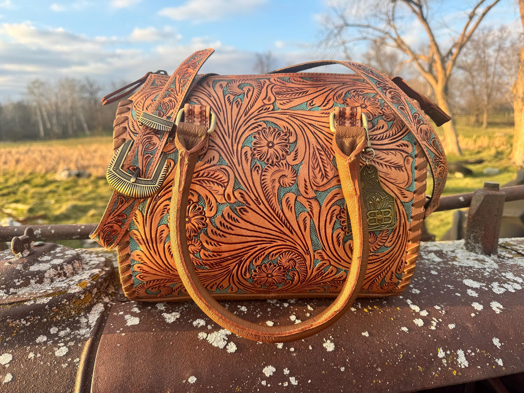 Turquoise and Tan Speedy Western Genuine Leather Barrel Bag Purse by Double B